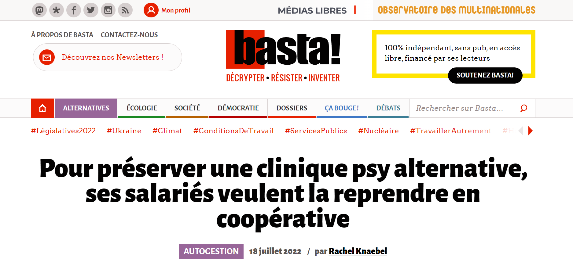 18/07 : Article dans Basta!